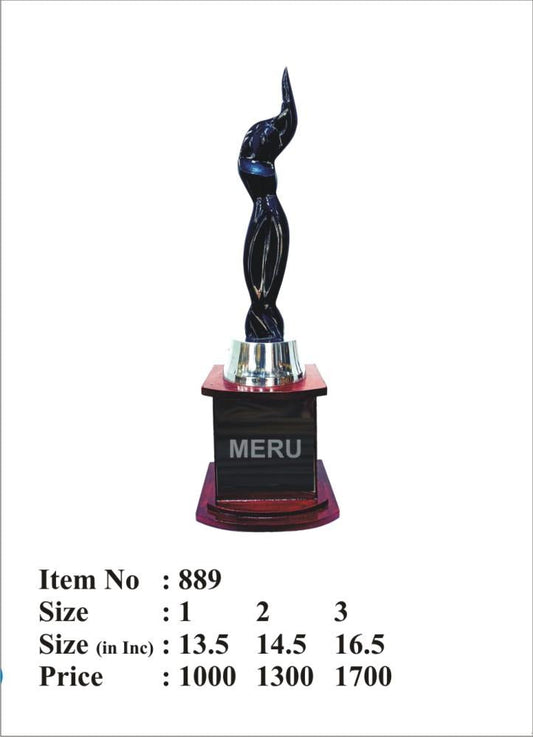 Black acrylic trophy on wooden base. Award for excellence and achievement.