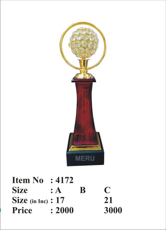 Premium crystal globe trophy with gold accents and maroon column. Ideal for corporate awards; employee recognition; or academic awards.